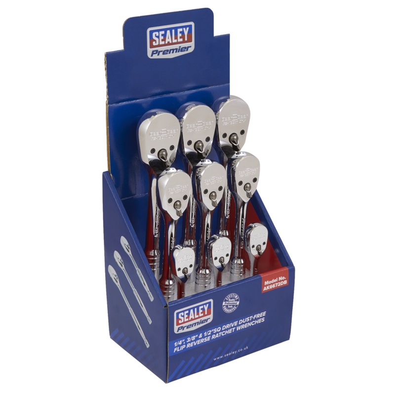 Sealey Ratchet Wrenches 1/4, 3/8 & 1/2Sq Drive Pear-Head Flip Reverse Display Box of 9