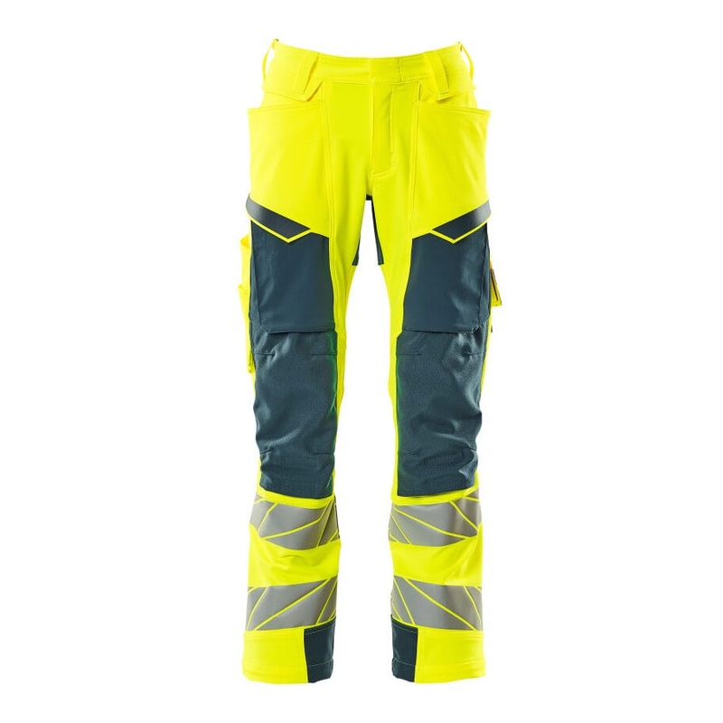 Mascot Accelerate Safe Trousers with Kneepad Pockets – Hi-Vis Yellow/Dark Petroleum