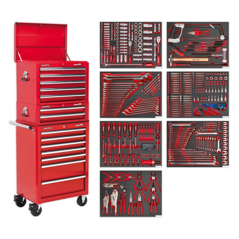 Sealey Tool Chest Combination 14 Drawer with Ball-Bearing Slides – Red & 446pc Tool Kit