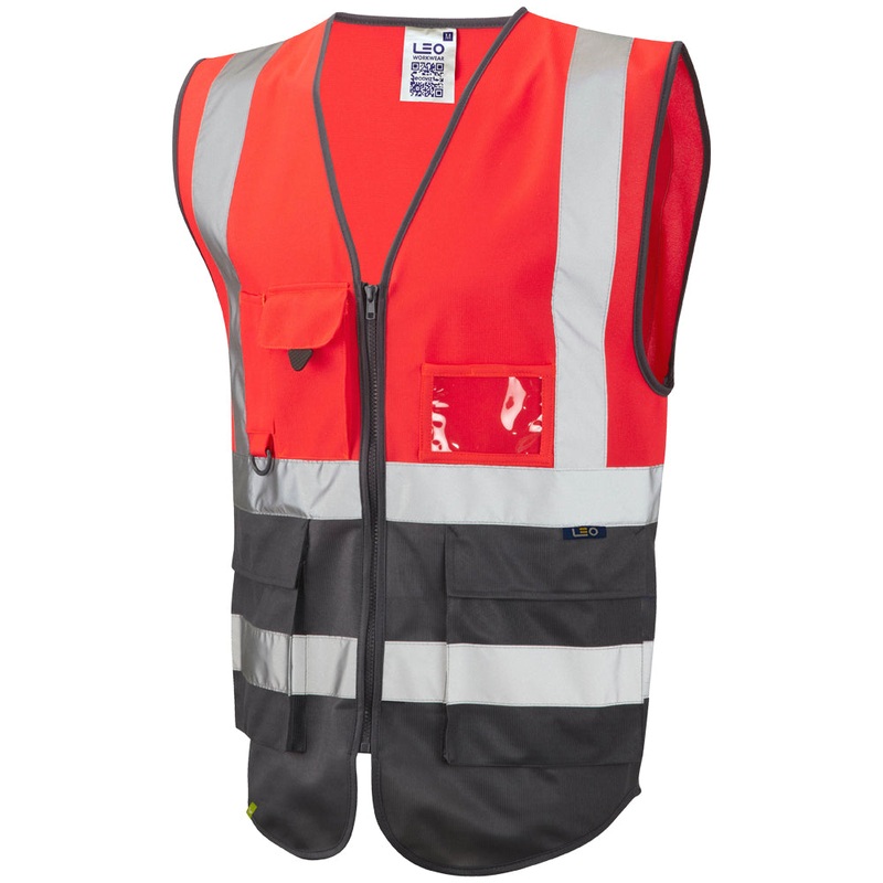 Leo Workwear LYNTON Leo EcoViz Superior Waistcoat – Hi-Vis Red/Grey