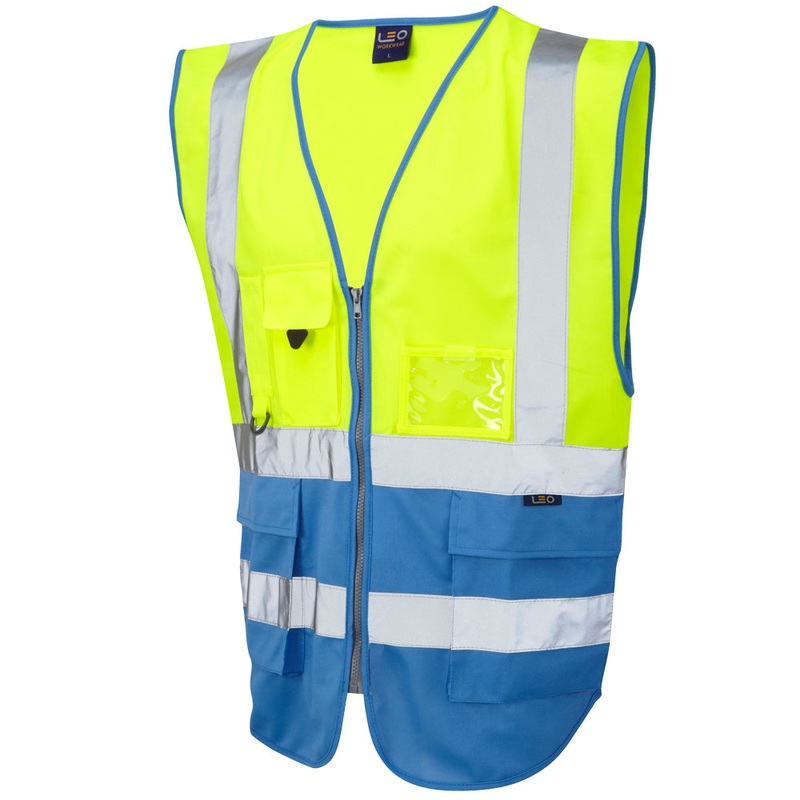 Leo Workwear LYNTON Leo EcoViz Superior Waistcoat – Hi-Vis Yellow/Deep Sky Blue