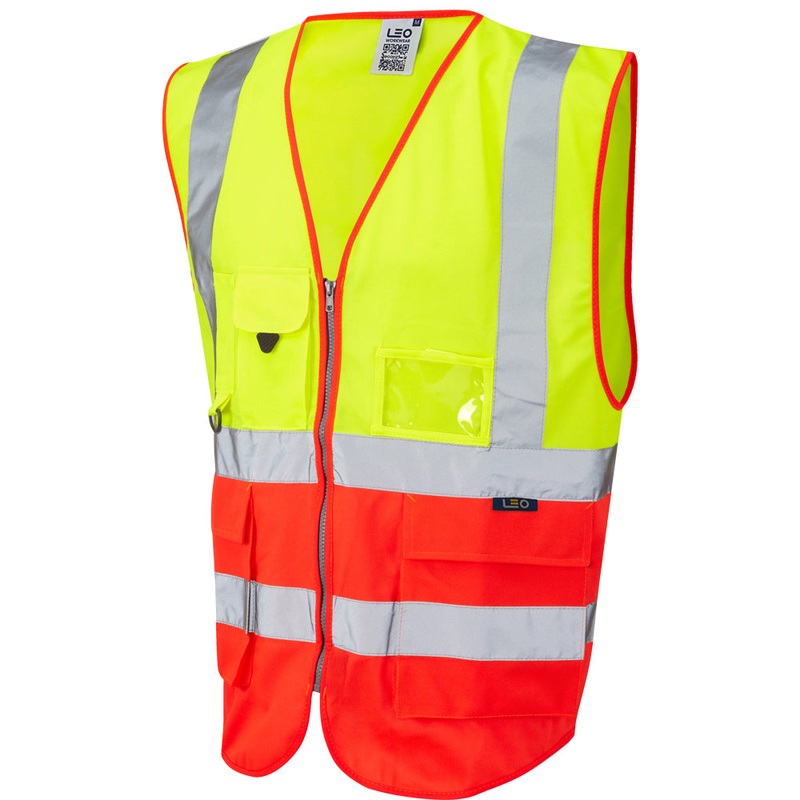 Leo Workwear LYNTON Leo EcoViz Superior Waistcoat – Hi-Vis Yellow/Hi-Vis Red