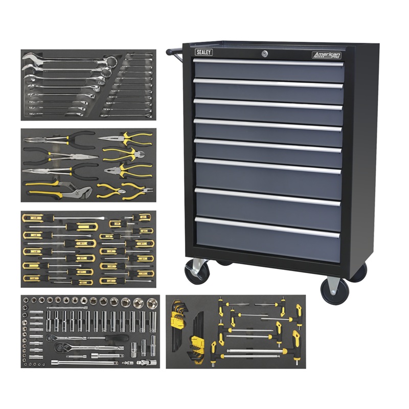 Sealey Rollcab 8 Drawer with Ball-Bearing Slides – Black/Grey & 136pc Tool Kit