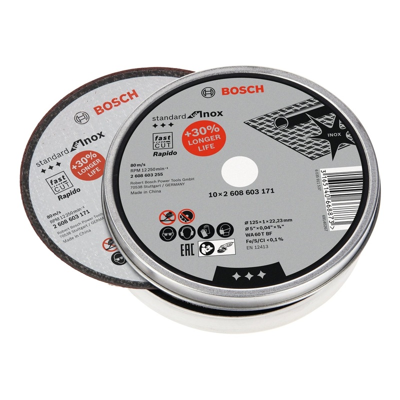 Bosch Professional Standard for Inox – Rapido Straight Cutting Disc  – 125mm x 22.23mm x 1.0mm, WA 60 T BF