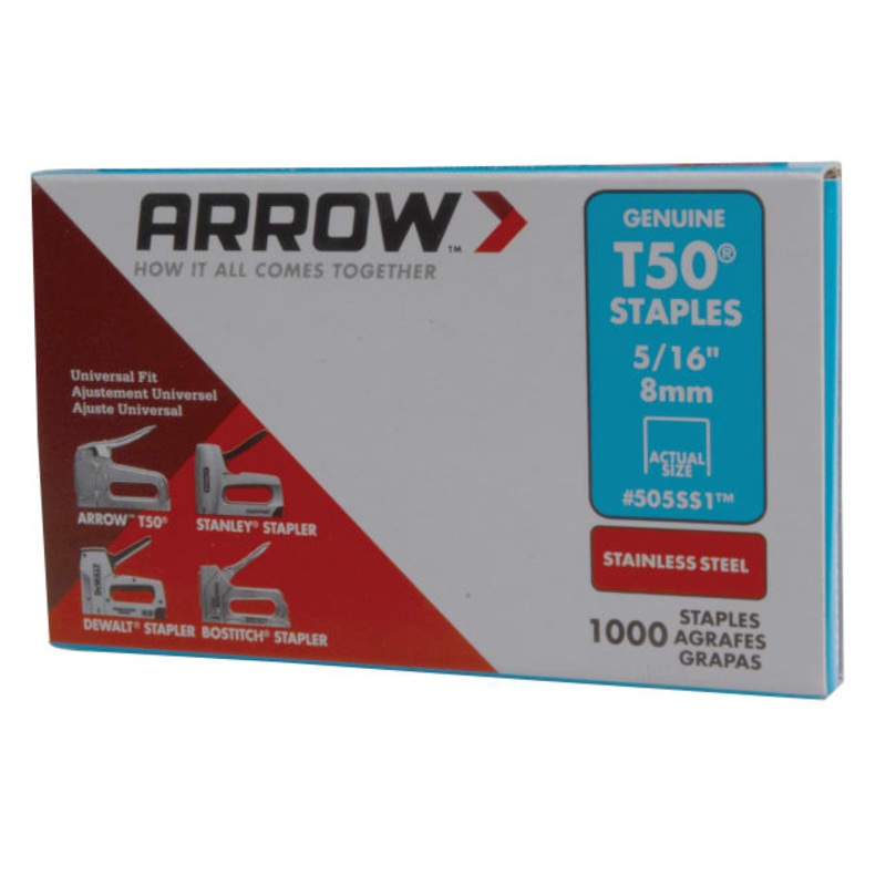 Arrow T50 Staples Stainless Steel 505SS 8mm (5/16in) (Box 1000)