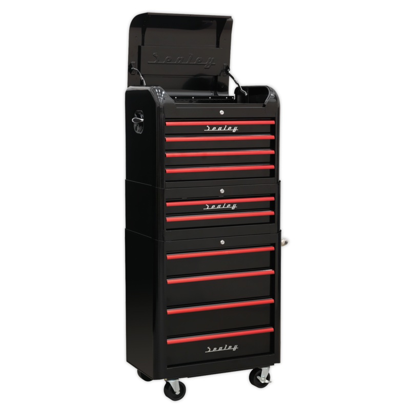 Sealey Retro Style Topchest, Mid-Box & Rollcab Combination 10 Drawer – Black with Red Anodised Drawer Pulls