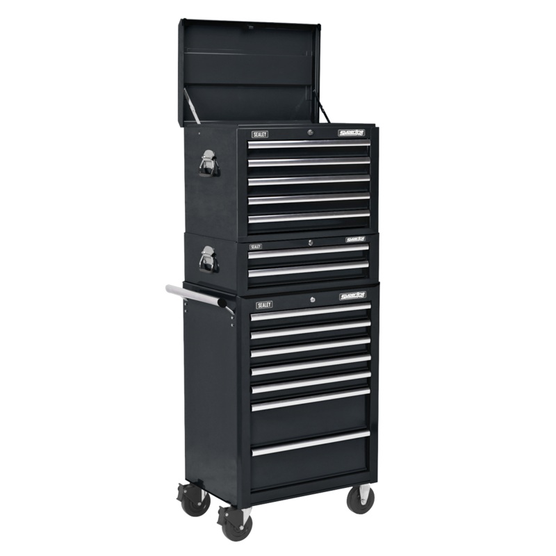 Sealey Topchest, Mid-Box & Rollcab Combination 14 Drawer with Ball-Bearing Slides – Black
