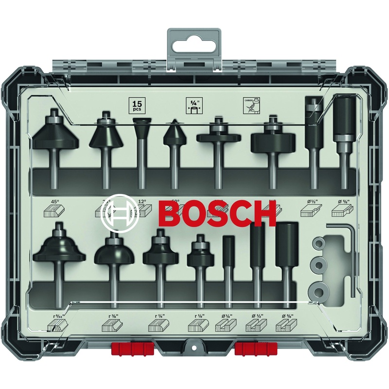 Bosch Professional 15-Piece Mixed Application Router Bit Set – 1/4 Shank