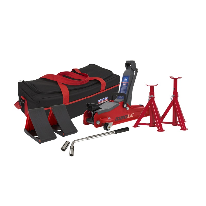 Sealey Trolley Jack 2 Tonne Low Entry Short Chassis & Accessories Bag Combo – Red