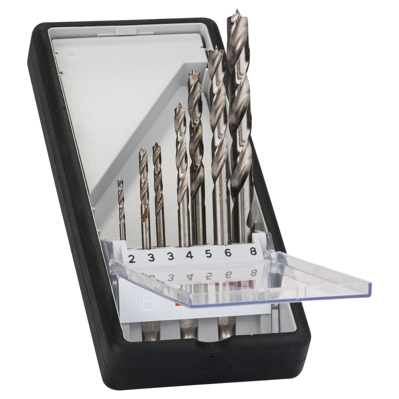 Bosch Professional 7-Piece Robust Line Brad Point Drill Bit Set with Hex Shank – 2, 3, 3, 4, 5, 6, 8 mm