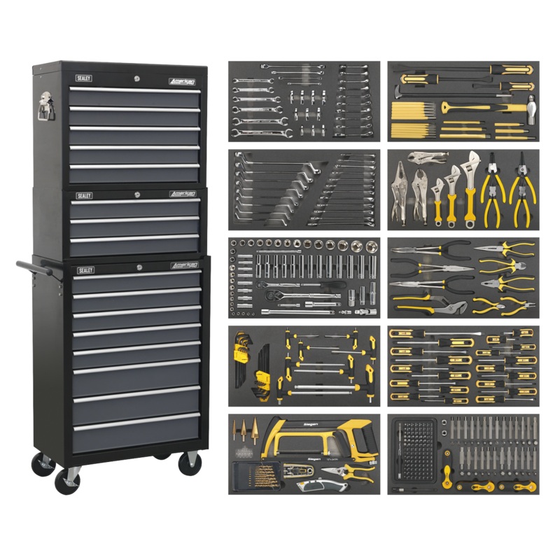 Sealey Tool Chest Combination 16 Drawer with Ball-Bearing Slides – Black/Grey & 420pc Tool Kit