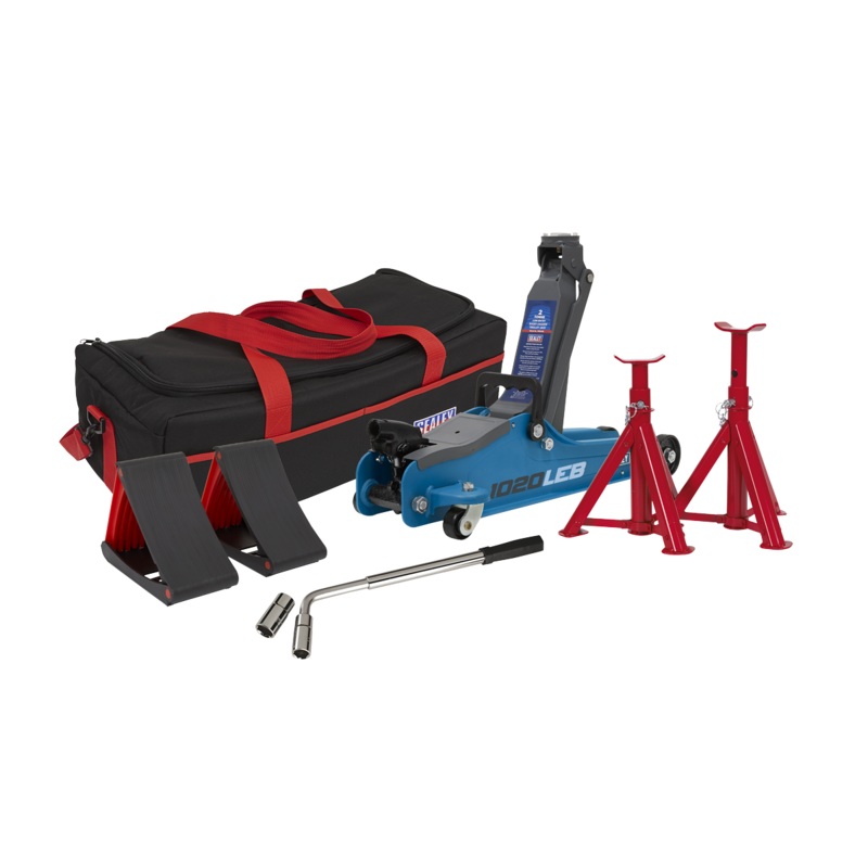 Sealey Trolley Jack 2 Tonne Low Entry Short Chassis & Accessories Bag Combo – Blue
