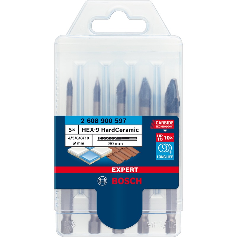 Bosch Professional HardCeramic HEX-9 Drill Bit Set – 5-pc (4/5/6/8/10 mm)