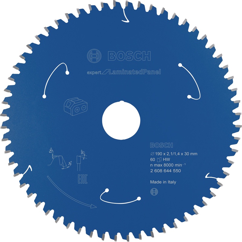 Bosch Professional Expert Circular Saw Blade for Cordless Saws – Laminated Panel, 190×2.1/1.4×30 T60