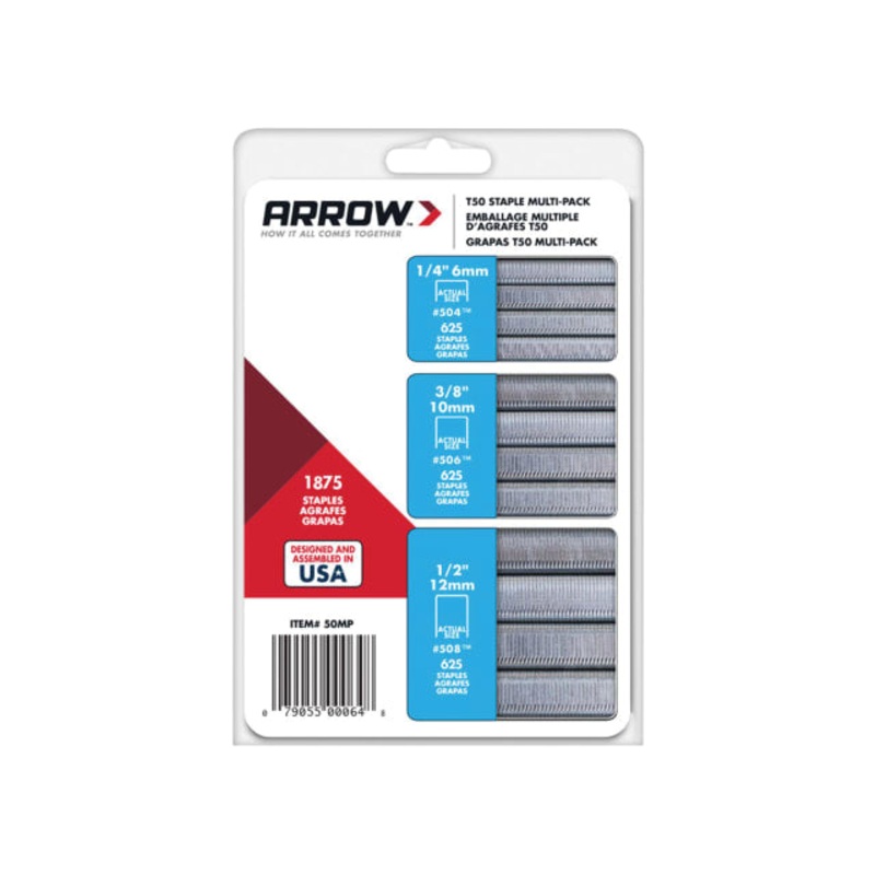 Arrow T50 Staples Multi Pack 6mm 10mm & 12mm (Box 1875, 3 x 625)