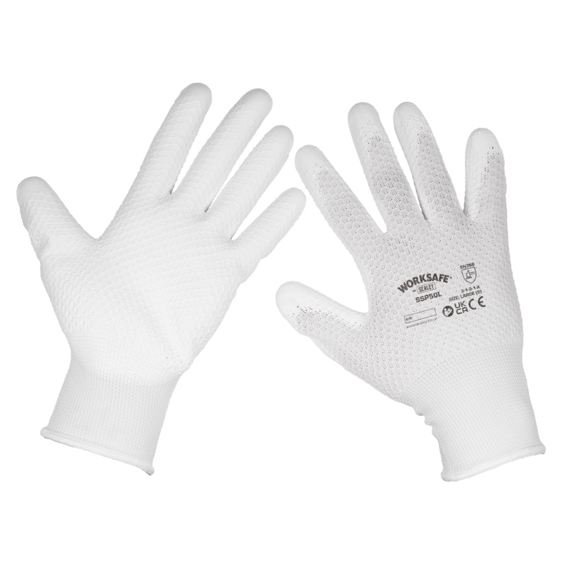 Sealey White Precision Grip Gloves – (Large) – Pack of 6 Pairs