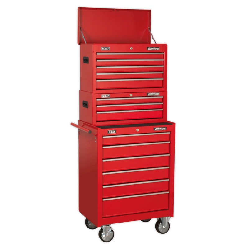 Sealey Topchest, Mid-Box & Rollcab 14 Drawer Stack – Red
