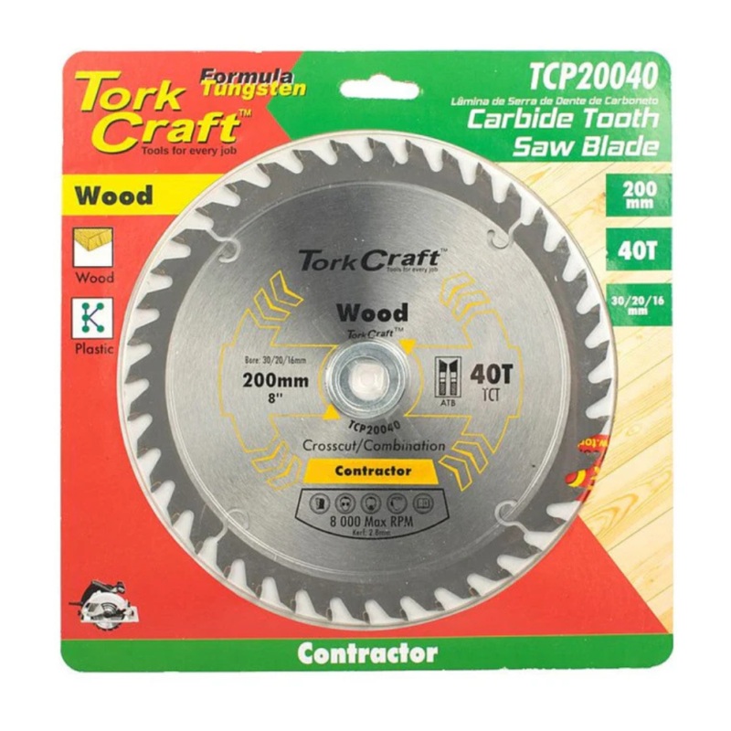 TORK CRAFT BLADE CONTRACTOR CIRCULAR SAW TUNGSTEN CARBIDE TIPS 200X40T 30/1/20/16 TCP20040