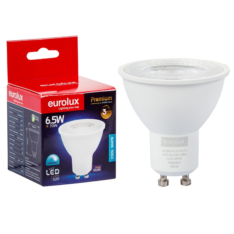 EUROLUX LED COOL WHITE DIMMABLE GU10 6.5W – 7W G1036CW EX