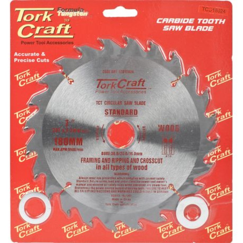 TORK CRAFT BLADE TUNGSTEN CARBIDE TIPS 180 X 24T 30/20/16 GENERAL PURPOSE RIP-TCD18024
