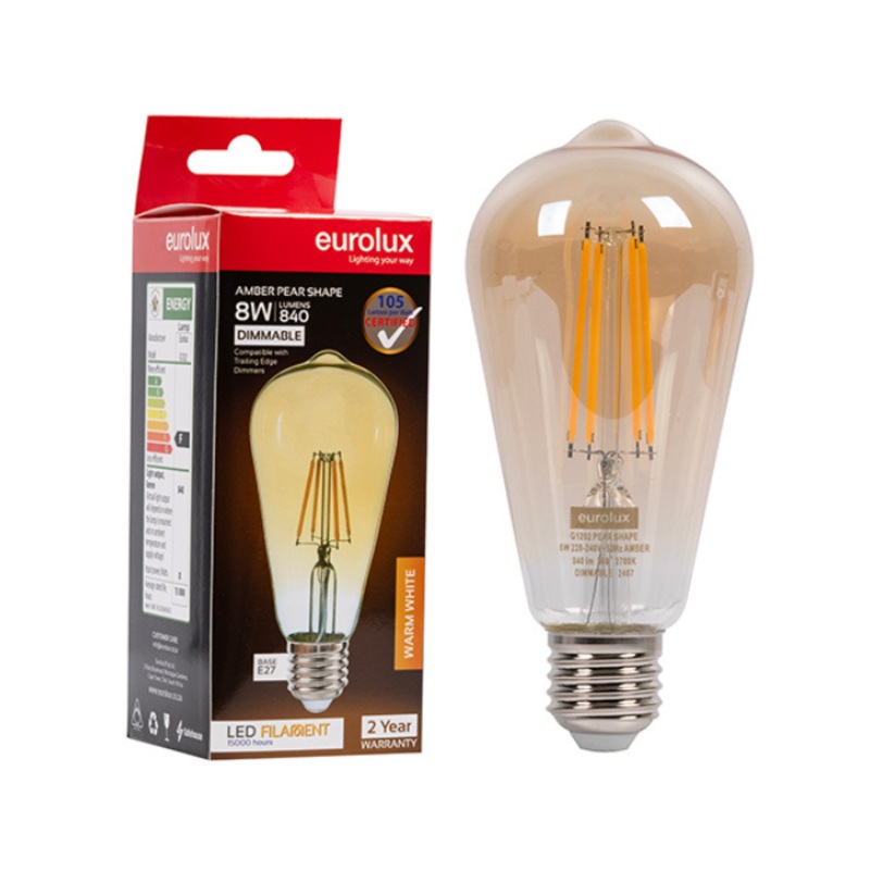 EUROLUX AMBER BULB LED PEAR FILAMENT 8W E27 2700K G1202