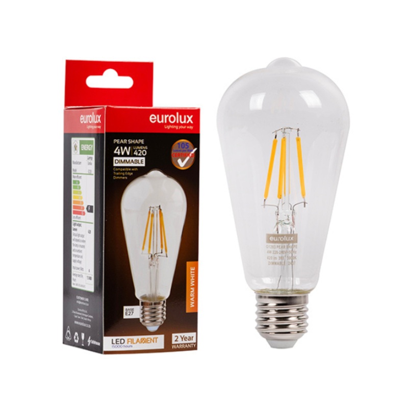 EUROLUX FILAMENT BULB LED PEAR SHAPE 4W E27 3000K G1203
