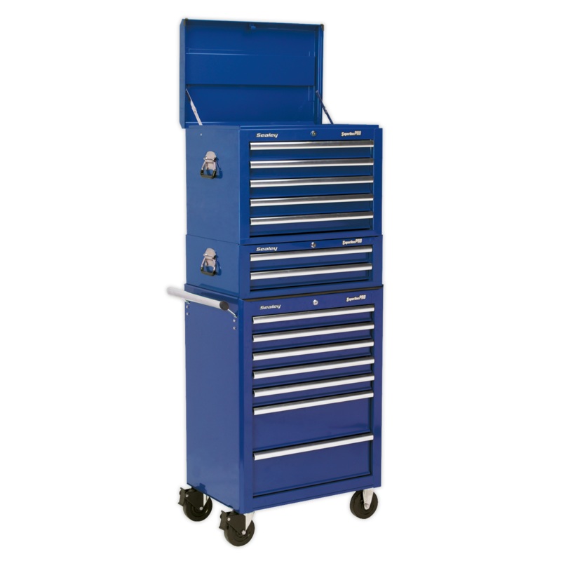 Sealey APSTACKTC Topchest, Mid-Box & Rollcab Combination 14 Drawer with Ball Bearing Slides – Blue