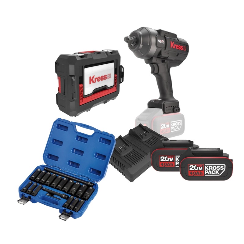 Kress Bundle Deal, KUB33.91 20V Brushless Impact Wrench 1300Nm 3/4 Bare Tool & Stacking Case, KAC04 4A Dual Charger, 2x KAB04 20V/4.0Ah Li Batt & Draper 04577 19pc 1/2dr Deep Impact Socket Set